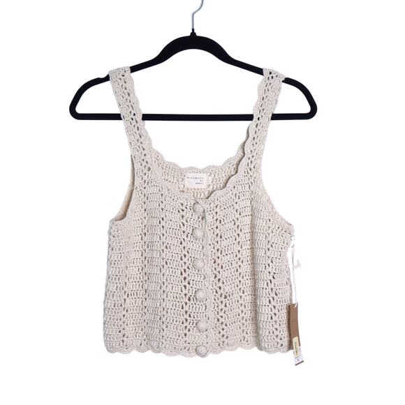 DREAMERS BY DEBUT NWT Button-Up Crochet Crop Tank Sweater Tan Women's L - Picture 1 of 9